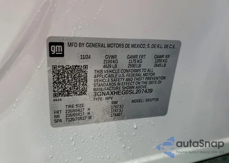 2025 Chevrolet Equinox Lt из США, поврежденный, VIN 3GNAXHEG0SL207439